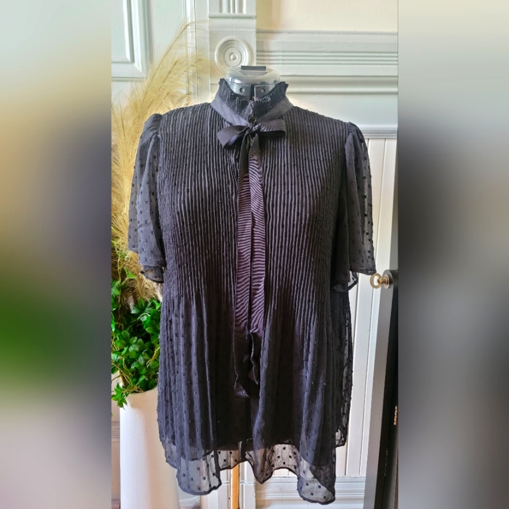 Black blouse with ribbon front tie and ruffles